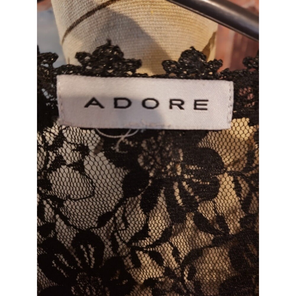 ADORE Black Floral Lace Button-Down Duster/Robe w Long Bell Sleeves Uneven Hem - Picture 8 of 10
